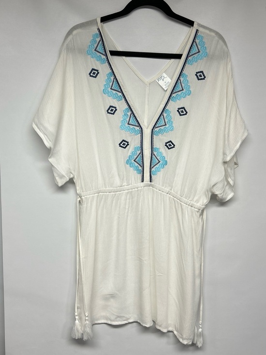 Kona Sol Tops - Kona Sol White Tunic with Blue Embroidery